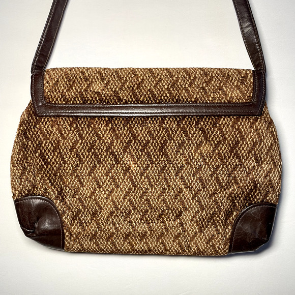 Vintage Chenille Corduroy Crossbody Purse Lock Buckle Leather Mod Retro Mob Wife - Picture 3 of 16